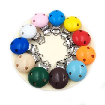 

15 Color 5Pcs/lot Metal Wooden Baby Children Pacifier Holder Clip Infant Cute Round Nipple Clasps For Baby Product DIY Pendant