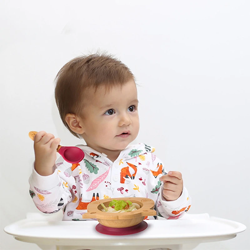 Baby Bamboo Suction Bowl Wooden Cartoon Child Feeding Bowl Plate Anti-scalding Children Tableware Dishes Baby Dinnerware Set