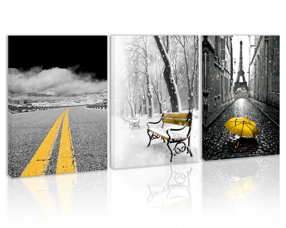 

Black and White Yellow Umbrella Eiffel Tower Wall Art Decor Bench Snow Canvas Painting Clound Sky Prints Pictures for Home