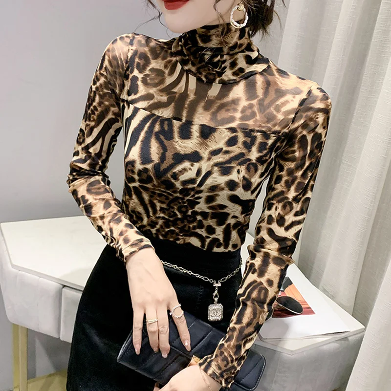 

#8417 Sexy Elastic Mesh T Shirt Women Vintage Long Sleeve T Shirt Thin Sexy Korean Style Skinny Turtleneck T-shirt Female Print