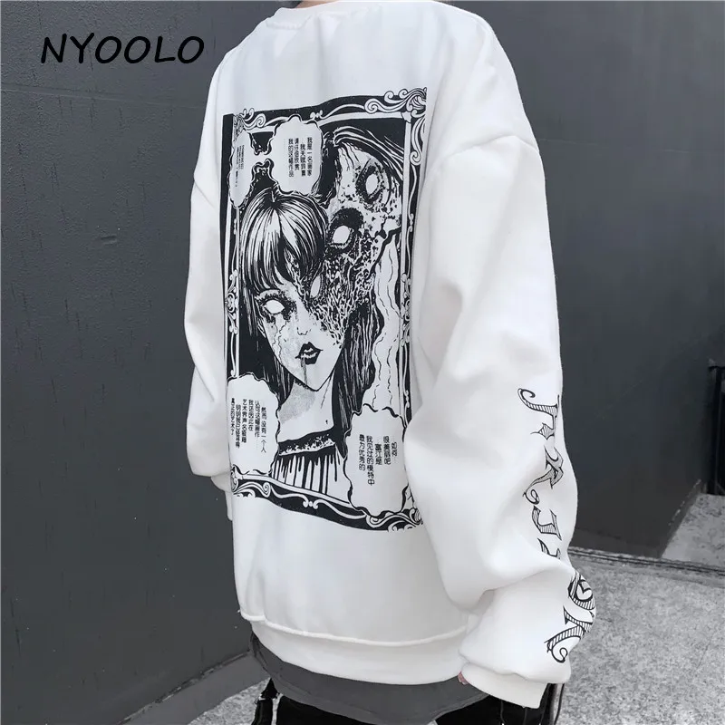 NYOOLO, Harajuku, уличная одежда, страшная девушка, с буквенным принтом, теплые толстовки, Осень-зима, Круглый ворот, пуловер, плюс бархат, Толстовка для женщин и мужчин