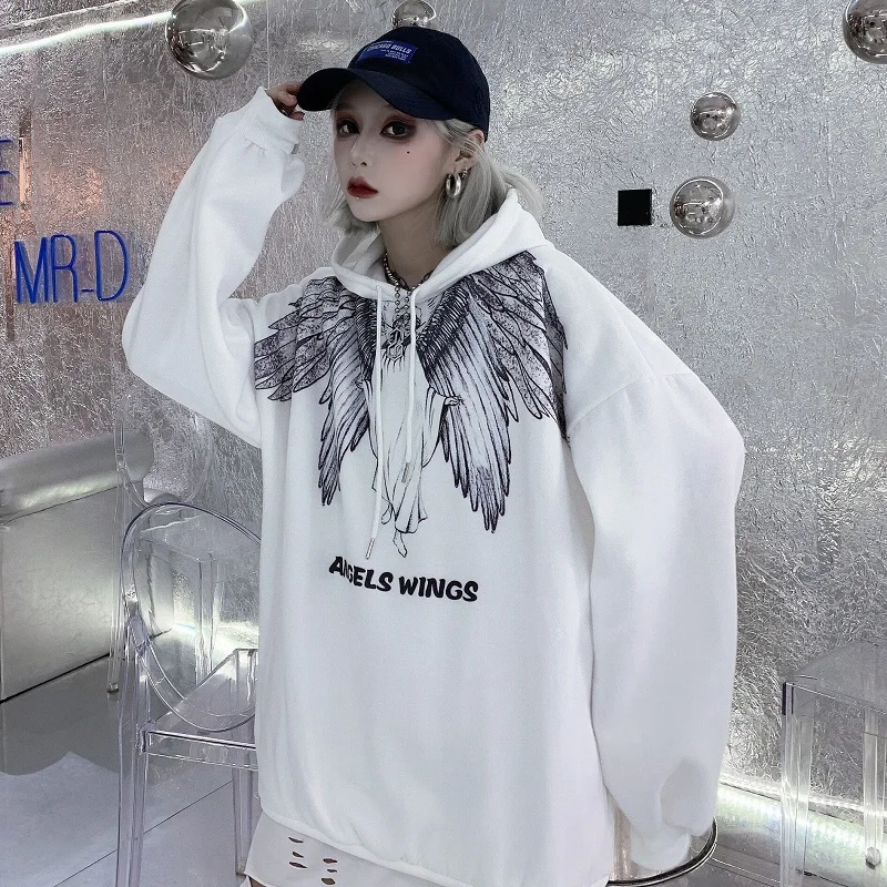 Gothic Women's Sweatshirts Gothic Dark Style Angel Print Casual Ulzzang Hoodies Retro Street Long Sleeve Fashion Clothing