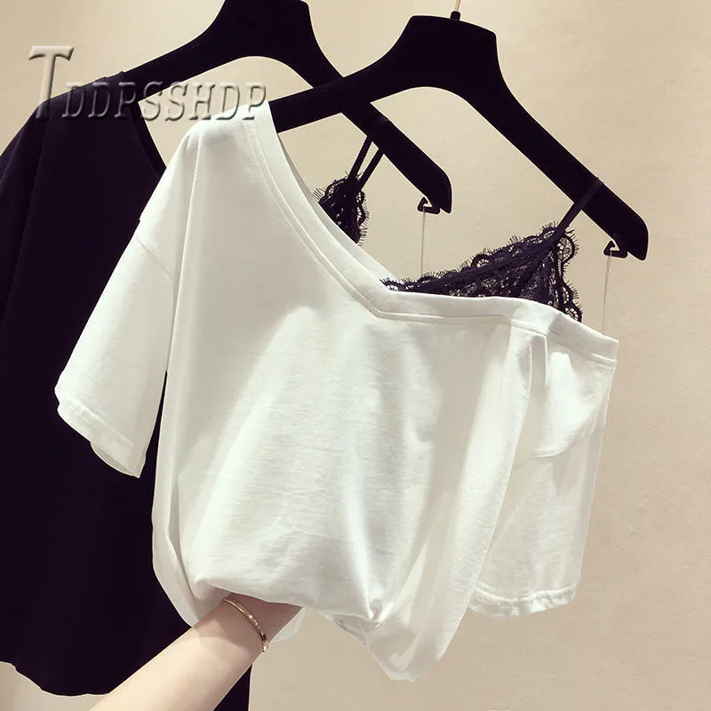 Черно-белая женская футболка 2019 кружевные лоскутные женские футболки с