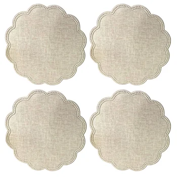 

4pcs Dining Room Table Mats Waterproof Placemats Heat Insulation Non Slip Kitchen Decor Round Washable Tableware PU Leather Home