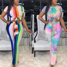 Fadzeco Women Jumpsuit Sexy Short Sleeve Round Neck Front Knotted Cut Out Rompers Stripe One Piece Jumpsuit Playsuit