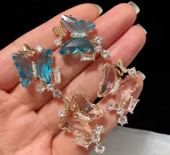 

Fairy two-color translucent color rhinestone butterfly earrings summer color dreamy glass crystal ear accessories
