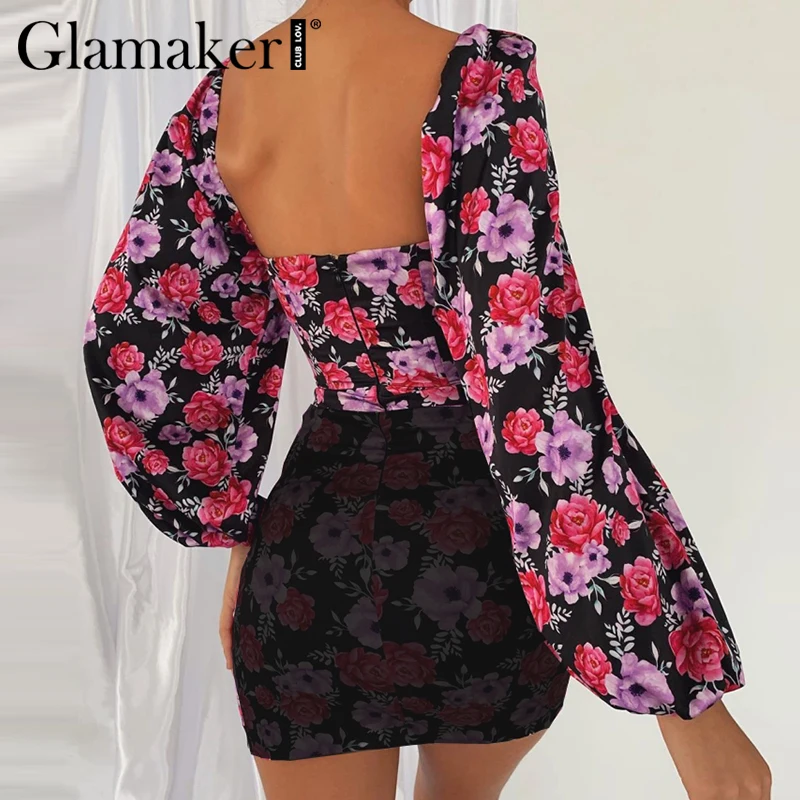 Glamaker с принтом розы, винтажная блузка с открытой спиной, женская, с длинным рукавом, с буфами, весенний Топ, сексуальный квадратный воротник, элегантные вечерние клубный кроп-топ