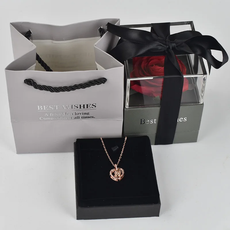 

.Beautiful High Quality Red Rose Flower Box with 100 languages I love you Necklace For Girlfriend Romantic Love Gift