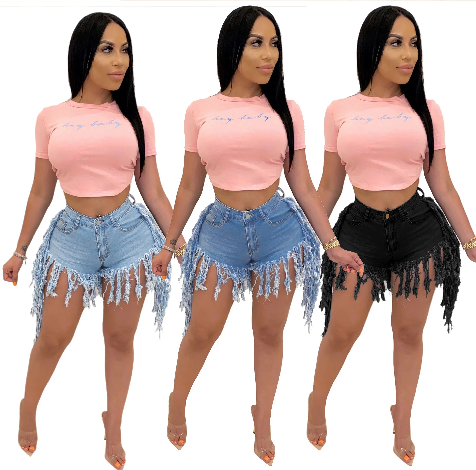 

HSF2276 women's jeans fashion casual slim and versatile stretch tassel denim shorts