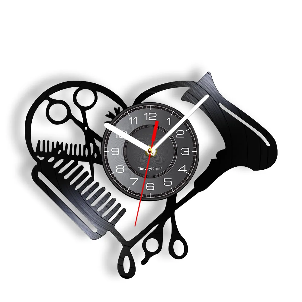 

Barber Shop Heart Shape Vinyl Record Wall Clock Beauty Salon Tools Hair Dryer Scissor Comb Hairstylist Design Silent Clock Watch