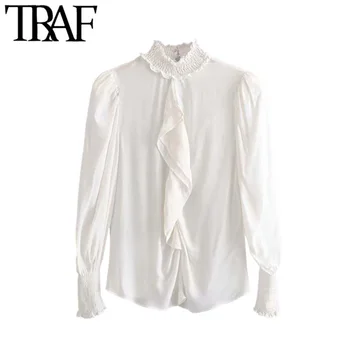 

TRAF Women Vintage Elegant Office Wear Ruffles Chiffon Blouses Fashion Long Sleeve Irregular Female Shirts Blusas Chic Tops