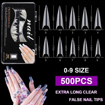 

500Pcs/set Extra Long Stiletto False Nail Tips Transparent ABS Nail Salon Half Cover Tips with Box Clear False Nails 0-9 Sizes