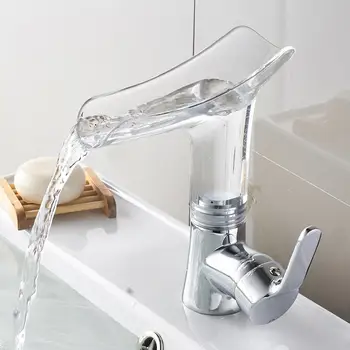 

Transparent Wine Glass Bathroom Basin Deck Mounted Waterfall Mixer Tap Facuet