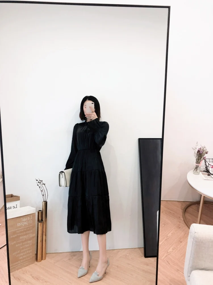 2020 Spring White Lotus Leaf Dress Women French Niche Over The Knee Foreign Style Retro Long Sleeve Cake Dress Female