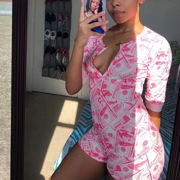 

Money Print Sexy onesie for Adults Pajama Long Sleeve Sleepwear Women Nightwear Short Jumpsuit Romper Femme Lingerie