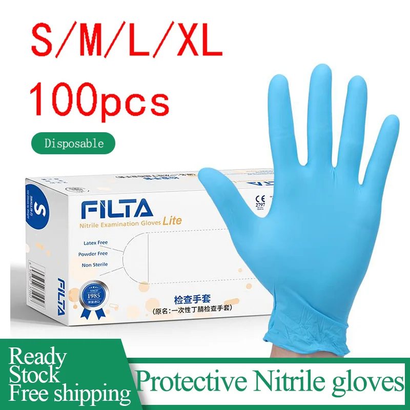 

10pcs/100pcs Wear-Resistant Durable Nitrile Disposable Gloves Rubber Latex Protective Household Cleaning Gloves Anti-Static Blue