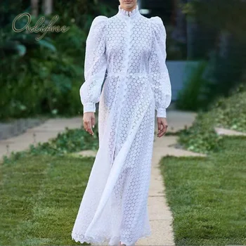 

Ordifree 2020 Summer Luxury Women Maxi Dress Long Sleeve White Lace Embroidery Maxi Party Dress Holiday Clothes