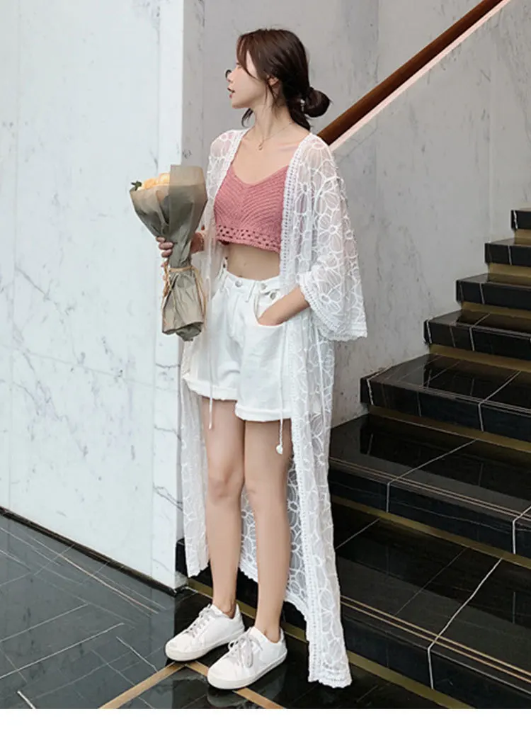 Bohemian Cover Up Retro Long Cardigan Thin Windbreaker Jacket Hollow Lace Shirt Loose Large Size Shawl Shirt Female Summer bathing suits and cover ups