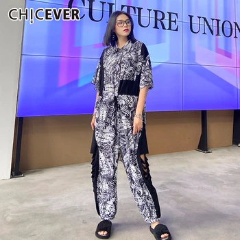 

CHICEVER Patchwork Print Playsuit Women Lapel Collar Short Sleeve Lace Up Ripped Hole Summer Jumpsuits Female 2020 Fashion Tide