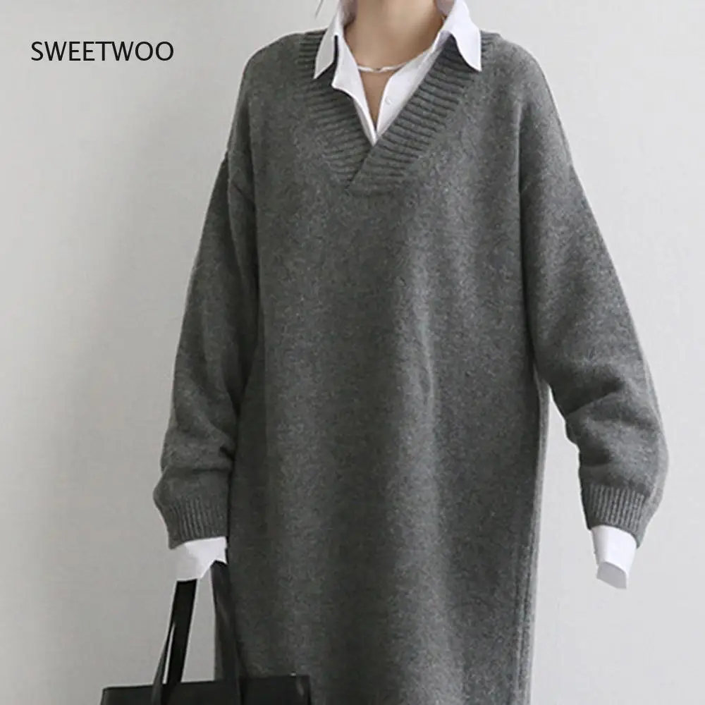 

Fashion Women Knitting Dress 2021 Autumn Winter Solid Color Warm V-neck Long Sleeve Split Fork Women Casual Simplicity Japanese