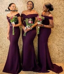 2021 Regency African Off The Shoulder Satin Long Bridesmaid Dresses Ruched Sweep Train Wedding Guest Maid Of Honor Dresses