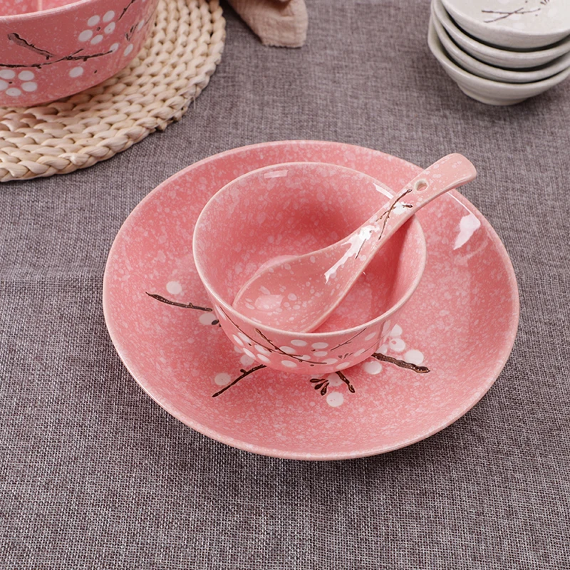 Ceramic bowl and plate Japanese tableware home snow glaze underglaze simple cute pattern bowl noodle rice bowl 10 Pack
