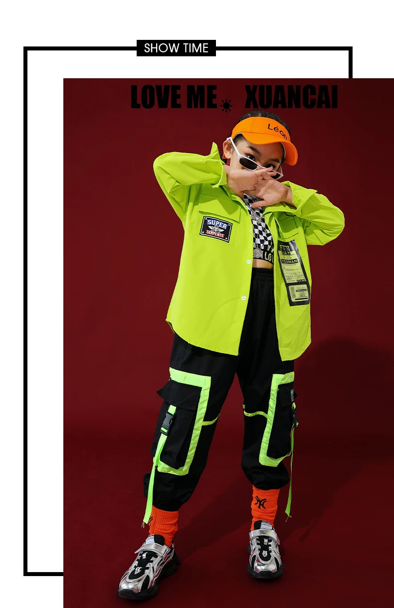 Autumn Hip Hop Dance Clothes Kids Green Tops Boys Hip Hop Pants New Girls Jazz Dance Clothing Ballroom Performance Costume BI208
