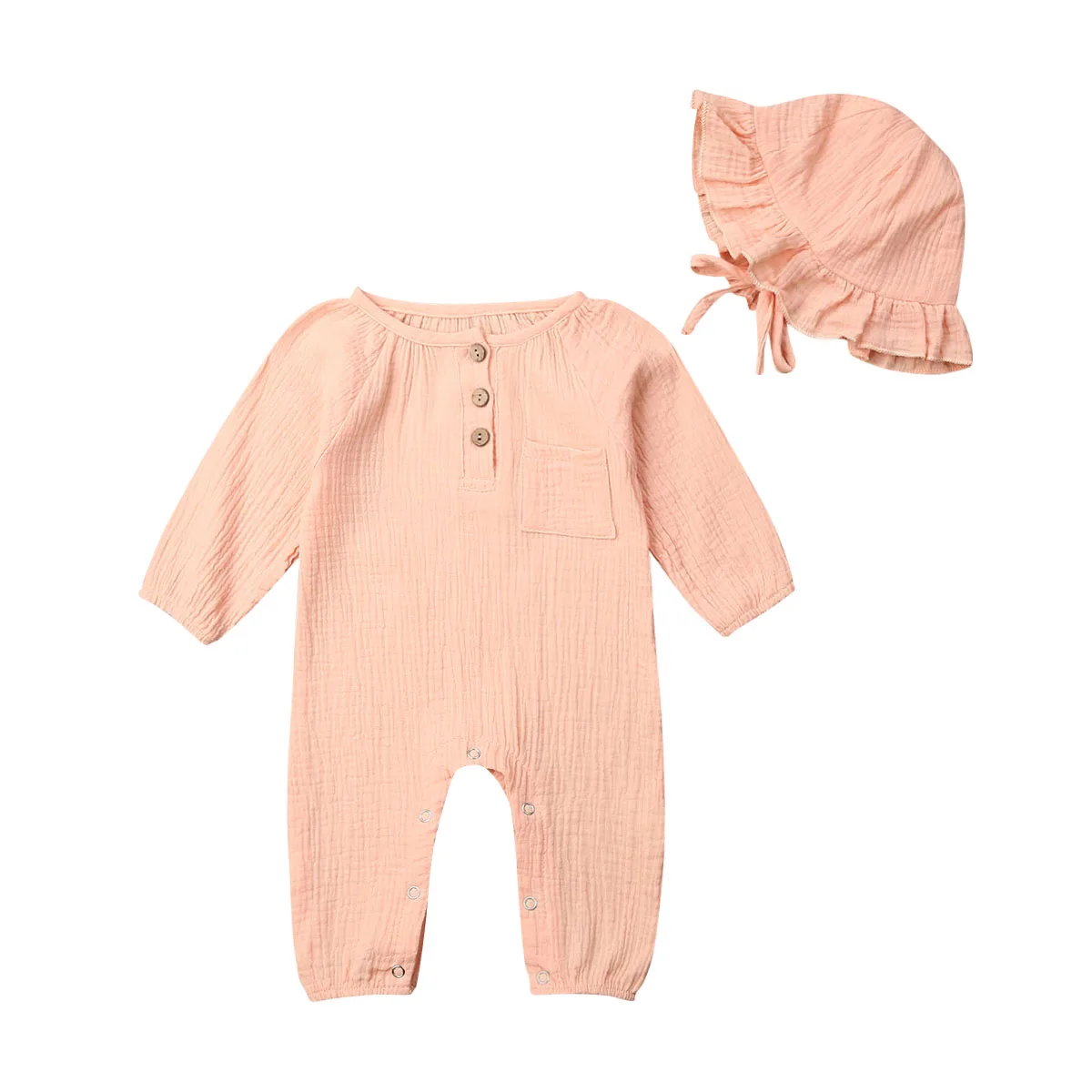 Коллекция года, весенне-осенняя одежда для малышей хлопковый и льняной комбинезон с карманами для новорожденных девочек+ шапка, зимняя однотонная одежда с длинными рукавами - Цвет: Розовый