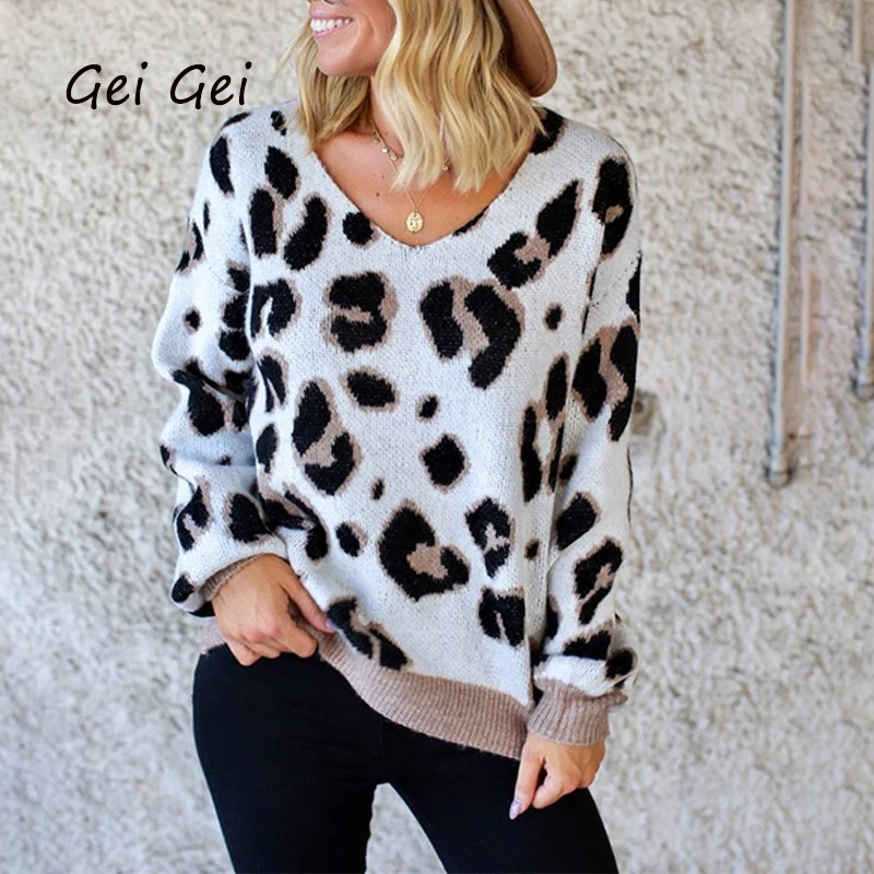 

Leopard Print Sweater Oversize Autumn Korea Fashion Loose Knitted Vintage Sweaters For Women V-Neck Long Sleeve Pullover Ladies