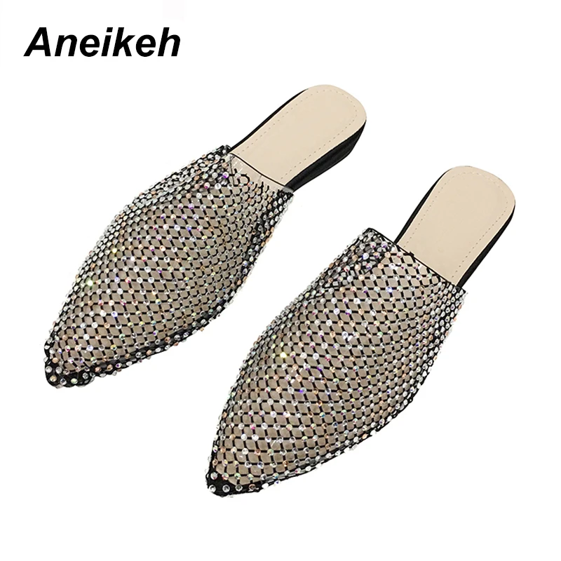 Aneikeh; Новинка; блестящие стразы; женские шлепанцы из ПВХ на плоской подошве с острым носком без шнуровки; Модная элегантная повседневная женская обувь с ремешком на пятке; Mujer