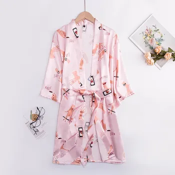 

Nightwear Sleepwear Casual Robe Gown Women Satin Nightdress Kimono Bathrobe Silky Print Intimate Lingerie Home Clothes Homewear
