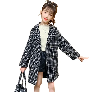 

Kids girl overcoat Winter new fashion Houndstooth wool coat for girls Teens autumn jacket warm long outerwear Children Windproof