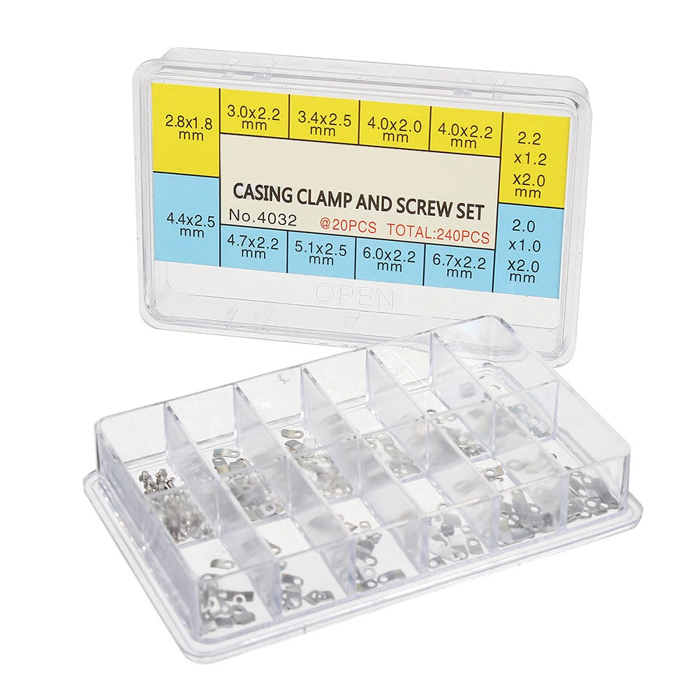 240Pcs Professional Watch Casing Clamp Movement Adapter Securing Screw Washer Repair Part Tools w/Box for ETA 2824 2836 2846 B4 240Pcs Professional Watch Casing Clamp Movement Adapter Securing Screw Washer Repair Part Tools w/Box for ETA 2824 2836 2846 B4