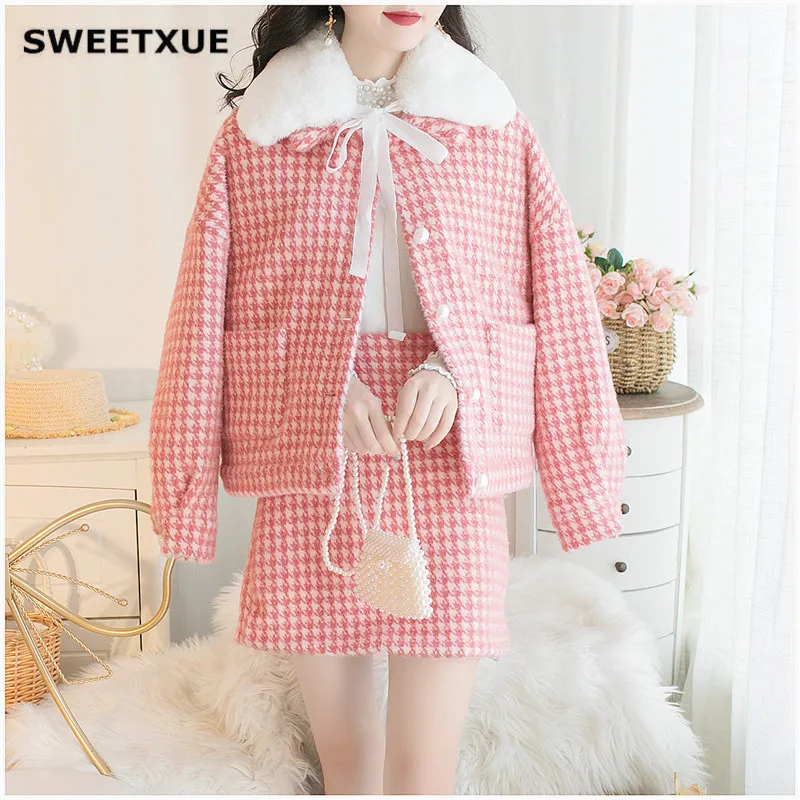 SWEETXUE комплект из 2 предметов овечья шерсть с отворотом в клетку костюм модный