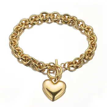 

8MM Wide Silver Gold Color 316L Steinless Steel O-Chain Bracelet With Heart Pendant Fashion Women Jewelry Gift 7-11"
