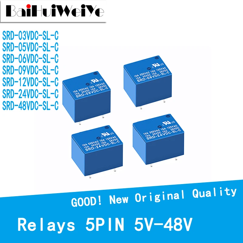 5 шт. реле 5PIN SRD-05VDC-SL-C SRD-09VDC-SL-C SRD-12VDC-SL-C SRD-24VDC-SL-C SRD-48VDC-SL-C DC 5V 12V 24V 48V Мощность |