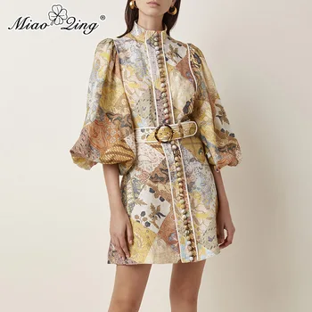 

MIAOQING Print Dress For Women Stand Collar Lantern Long Sleeve High Waist Sashes Vintage Dresses Female 2019 Autumn Fashion