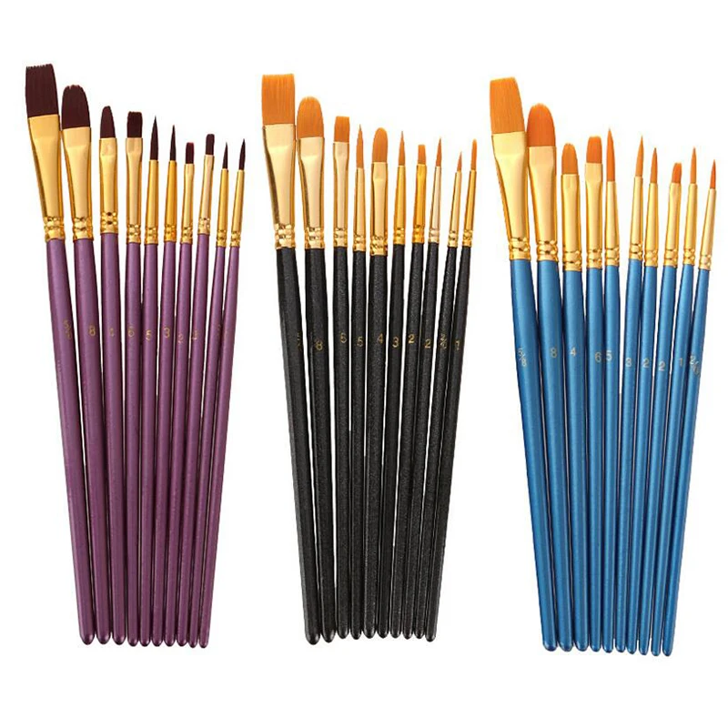 10Pcs/Set Nylon hair paint brush different sizes oil watercolor drawing art brush painting materials supplies