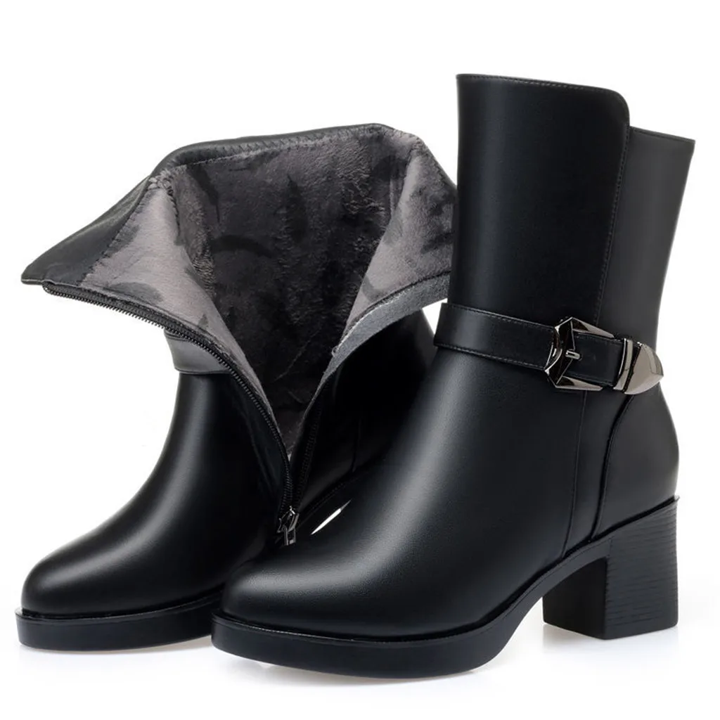 Новые женские модные повседневные теплые ботинки до середины икры на квадратном каблуке; сезон осень-зима кожаная обувь черные ботинки зимние ботинки;# O14