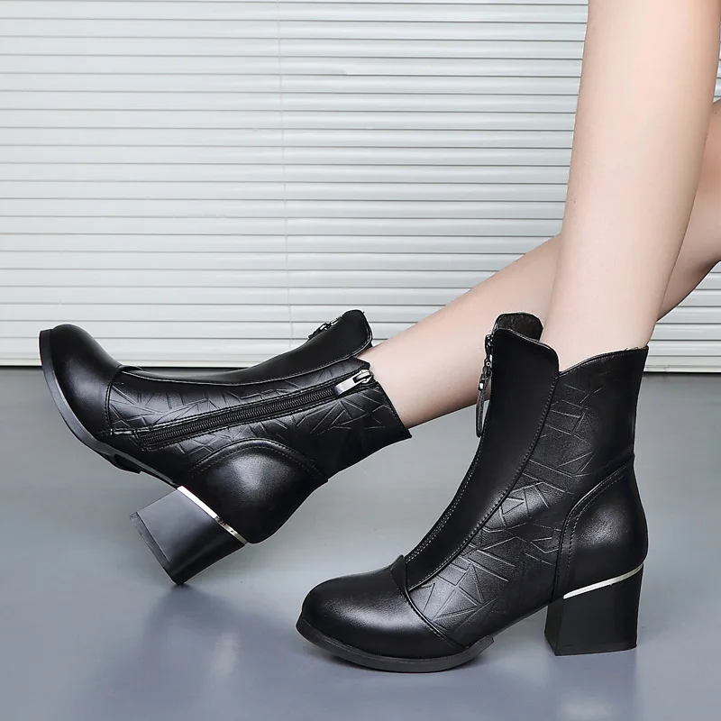 SWONCO Really Leather Boots Women Block Heel Winter Shoes Lady Sexy OL Black Ankle Snow Boots Front Zipper Fashion Shoes