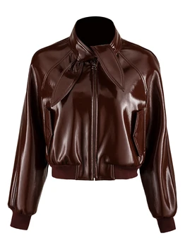 

Autumn fashion glossy fabric stand collar rabbit ears stitching ribbed long-sleeved pu leather women's temperament jacket F104
