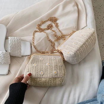 

Small Daisy Straw Woven Women's Shoulder Bag Fashion Lace Chain Casual Messenger Bag Beach Bucket Bag
