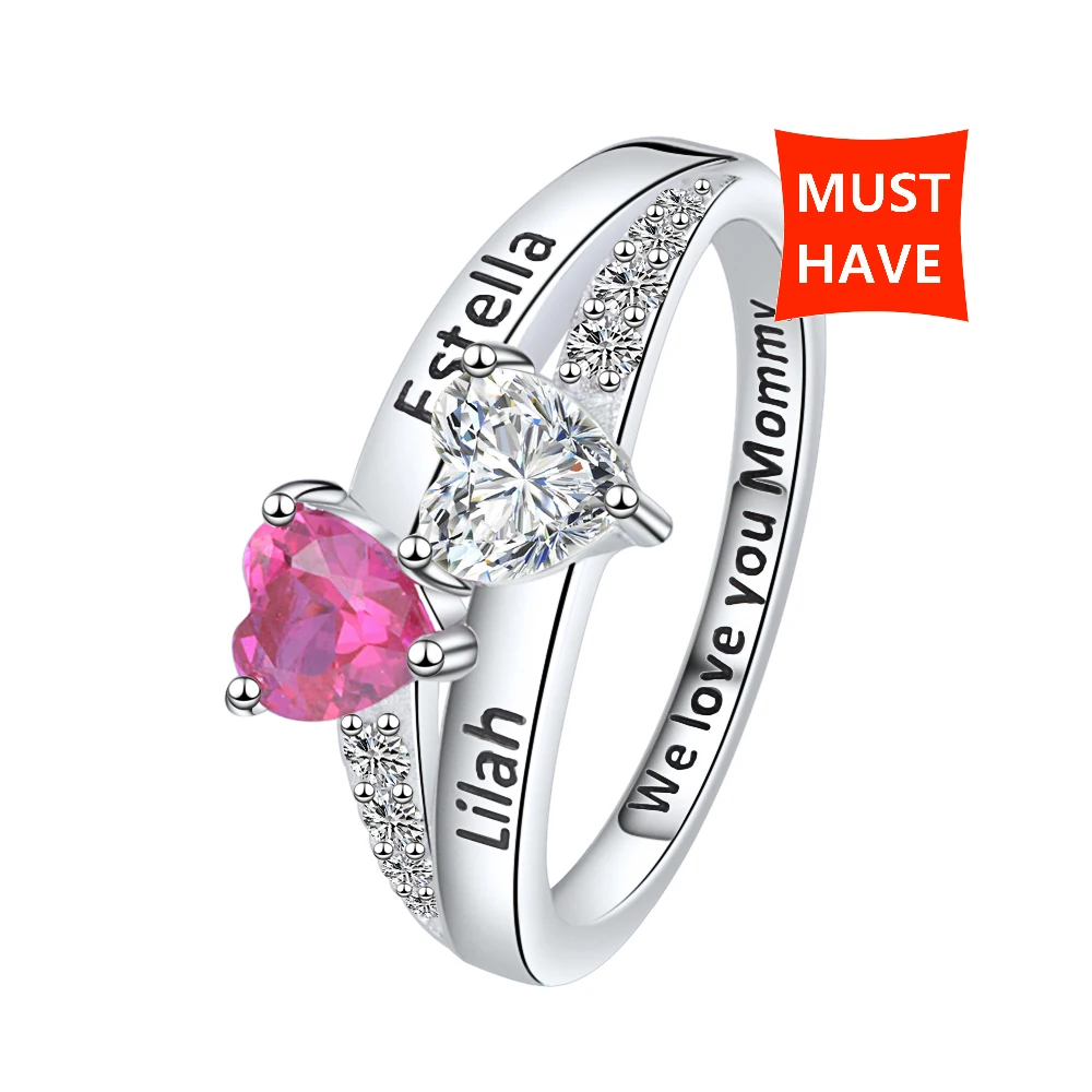 

XiaoJing Personalized 925 Sterling Silver Rings Custom Heart Birthstone Ring With 2 Names Fine Jewelry for Mother day's Gift