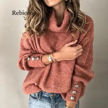 

S-5XL Turtleneck Sweater Women Plus Size Long Sleeve Rivet Tops Pullover Winter Autumn Warm Knitted Sweater Jumper