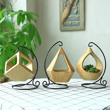 

Wooden Hanging Holders Set Indoor Hanging Planter Geometric Vase Wall Decor Container Succulents Plant Pots With Metal Stand