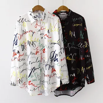 

Blouse Women Letters Printing Blouses Fashion Ladies Chic Turn Down Collar Button Long Sleeve Shirt Tops blusas mujer moda shirt