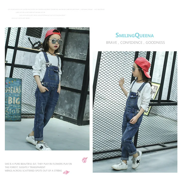 Spring Childrenswear New Style Girls' Overalls Jeans Casual Pants 6-8-10-14-Year-Old Fashion Crawler