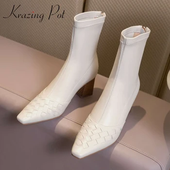 

Krazing Pot European style genuine leather small square toe high heel Chelsea boots simple style solid back zip ankle boots L77