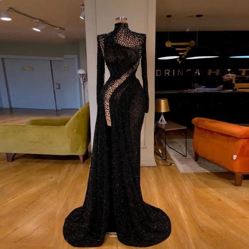 

Black Arabic Evening Dress Sequin Gorgeous Long Sleeve abiye robe de soiree Slit Evening Gown Prom Dresses Beads Mermaid Custom