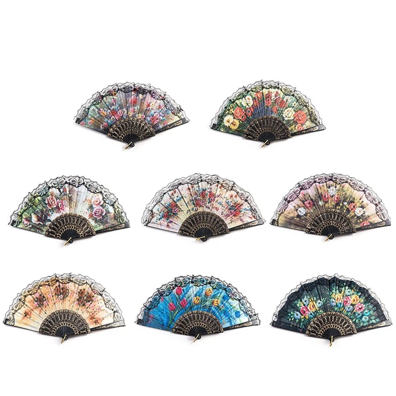

8 Pcs Spanish Flower Folding Hand Fan Vintage Retro Pattern Fabric Fan (Random Pattern, Random Colors)